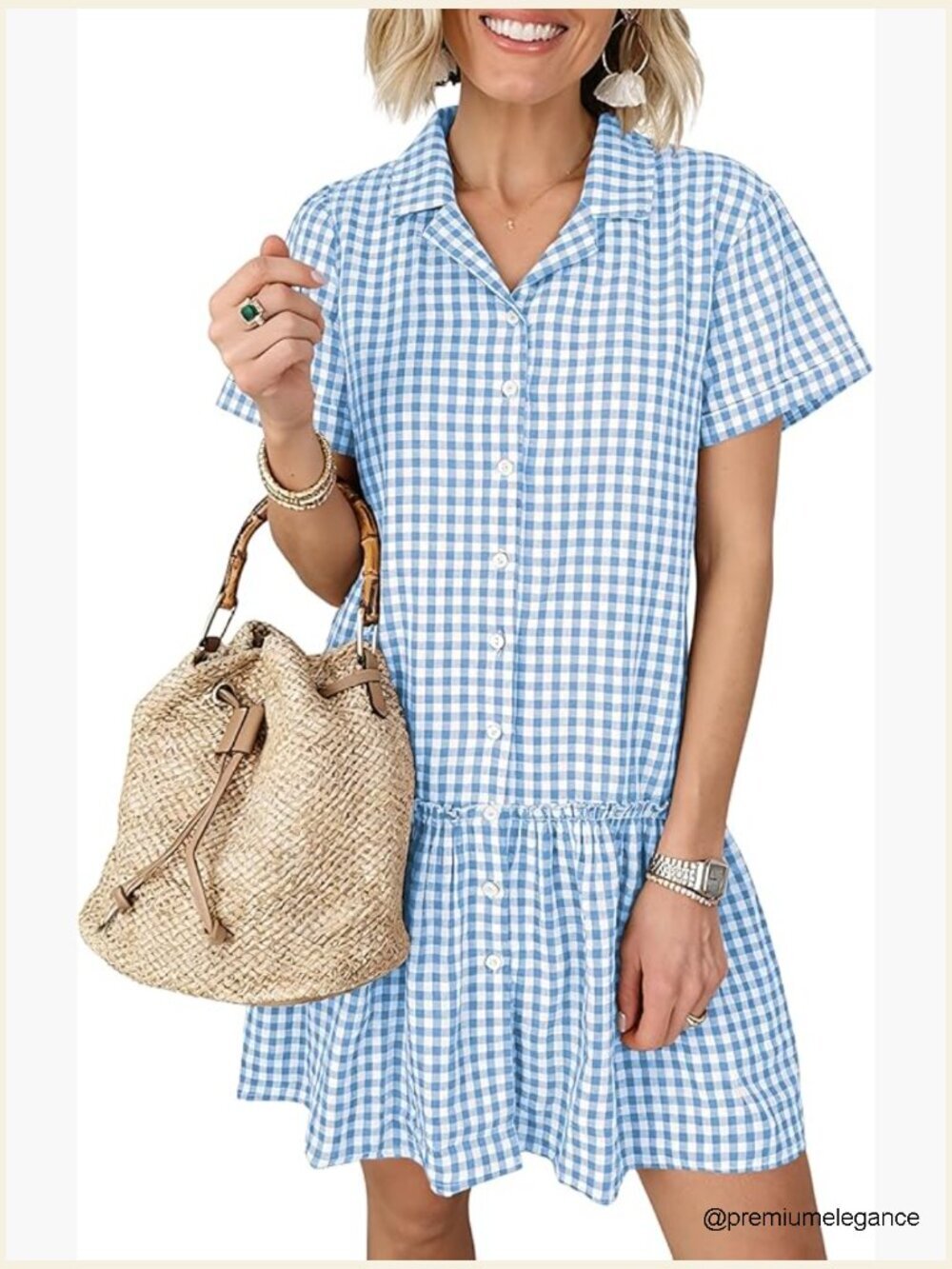 Women's Cotton Gingham Babydoll Mini Sundress Short Sleeve Button Down Ruffle